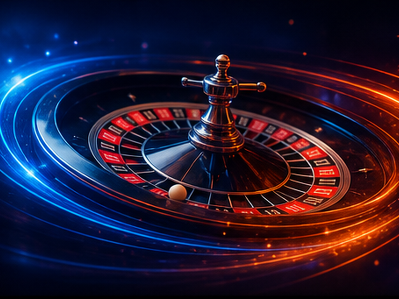 Cobalt and coral roulette wheel orbit with casino light trails