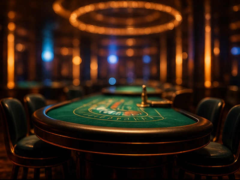 Emerald and amber live-table lightscape with cards and warm casino lighting